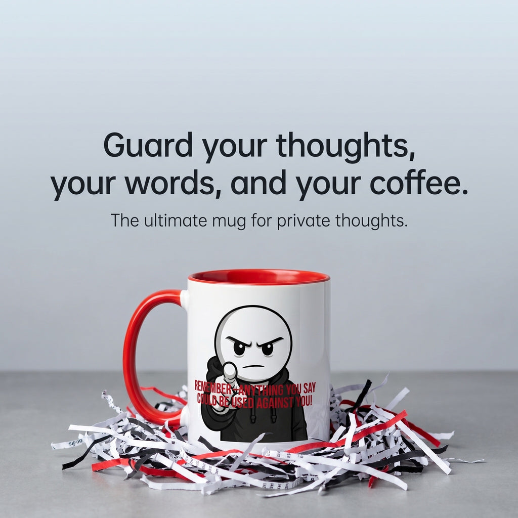 A mug with a cartoon character and text on it, placed on a pile of shredded paper.