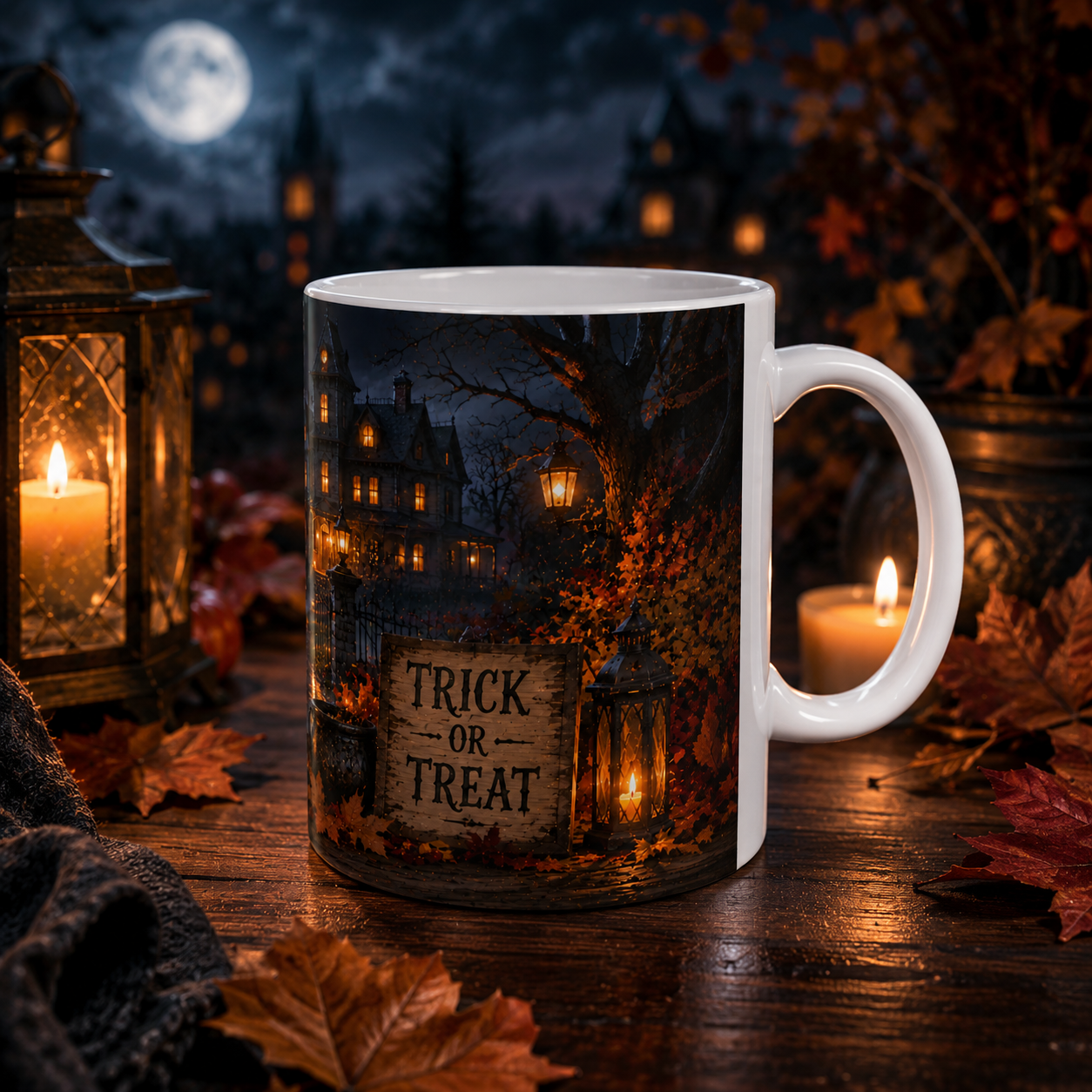 Halloween Pumpkin Night Ceramic Mug – Spooky Haunted House Jack-o'-Lantern Coffee Cup