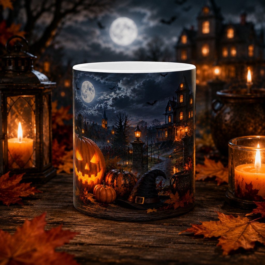 Halloween Pumpkin Night Ceramic Mug – Spooky Haunted House Jack-o'-Lantern Coffee Cup