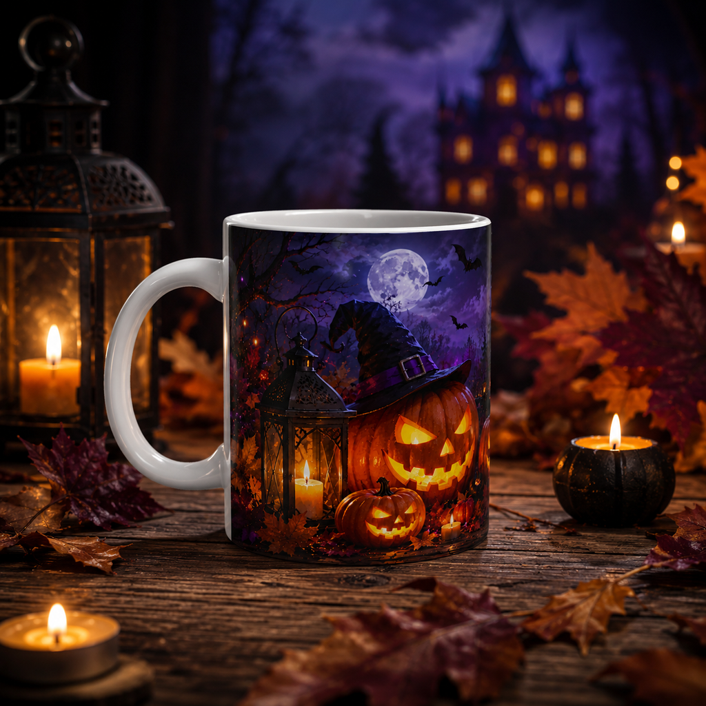 Jack-o'-Lantern Haunted Castle Mug | Halloween Pumpkin Scene Ceramic Mug