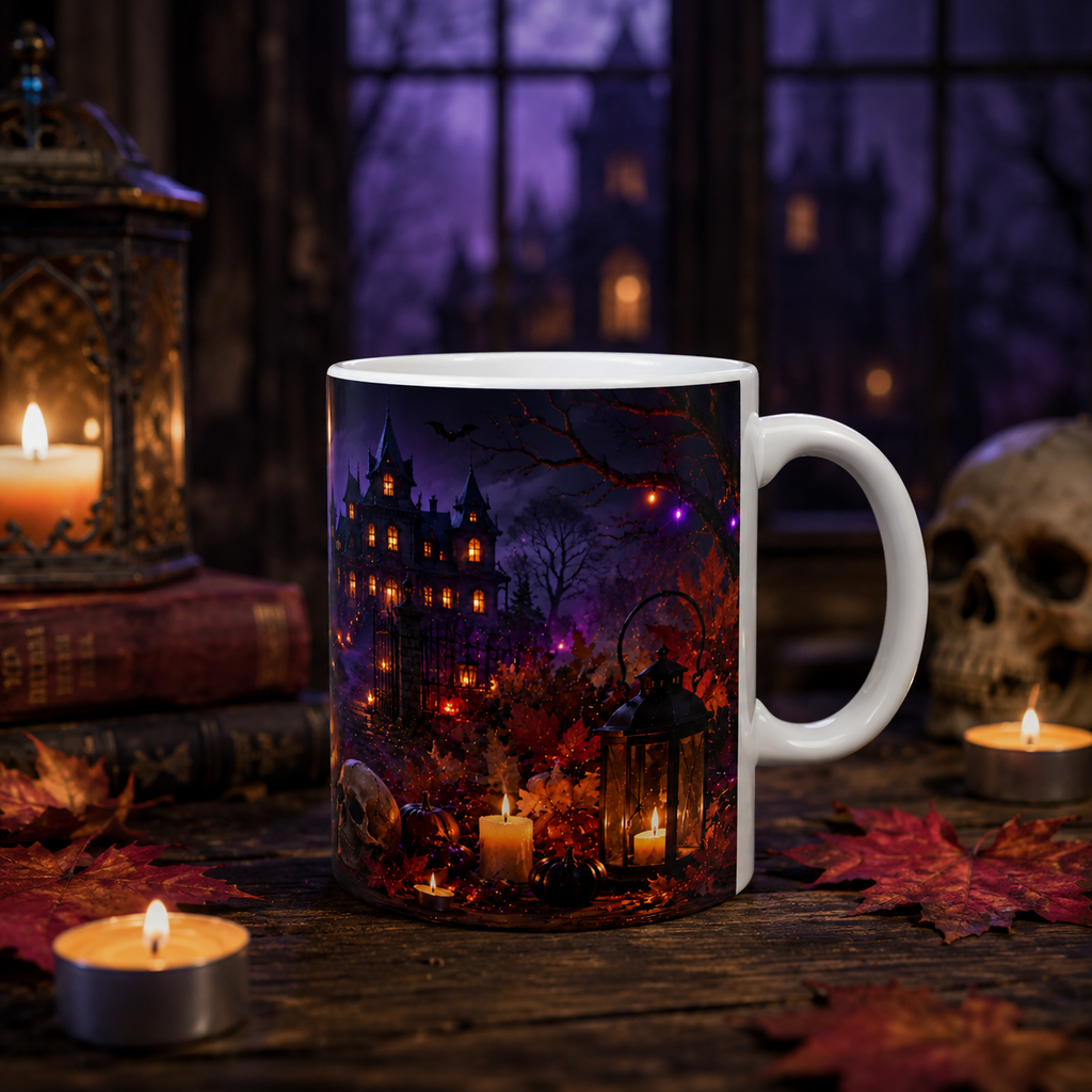 Jack-o'-Lantern Haunted Castle Mug | Halloween Pumpkin Scene Ceramic Mug