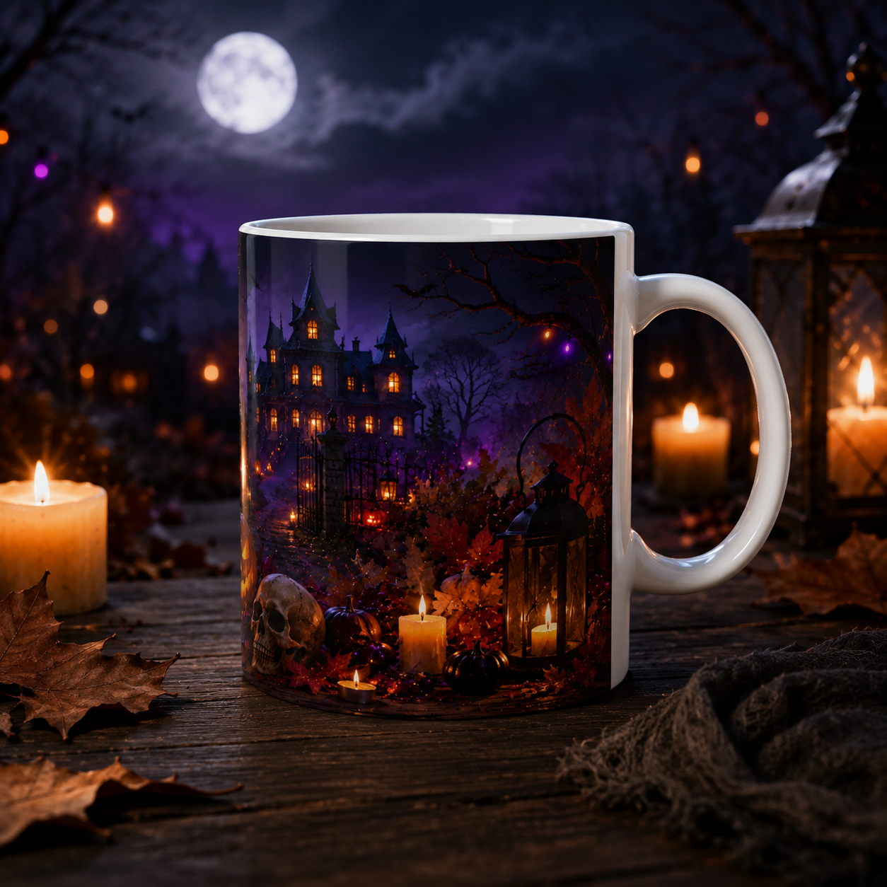 Jack-o'-Lantern Haunted Castle Mug | Halloween Pumpkin Scene Ceramic Mug