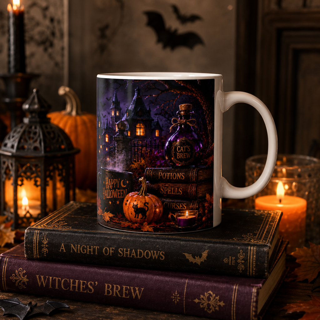 Halloween Black Cat Ceramic Mug (11oz & 15oz) - Witch Hat, Spooky Night Design