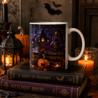 Halloween Black Cat Ceramic Mug (11oz & 15oz) - Witch Hat, Spooky Night Design