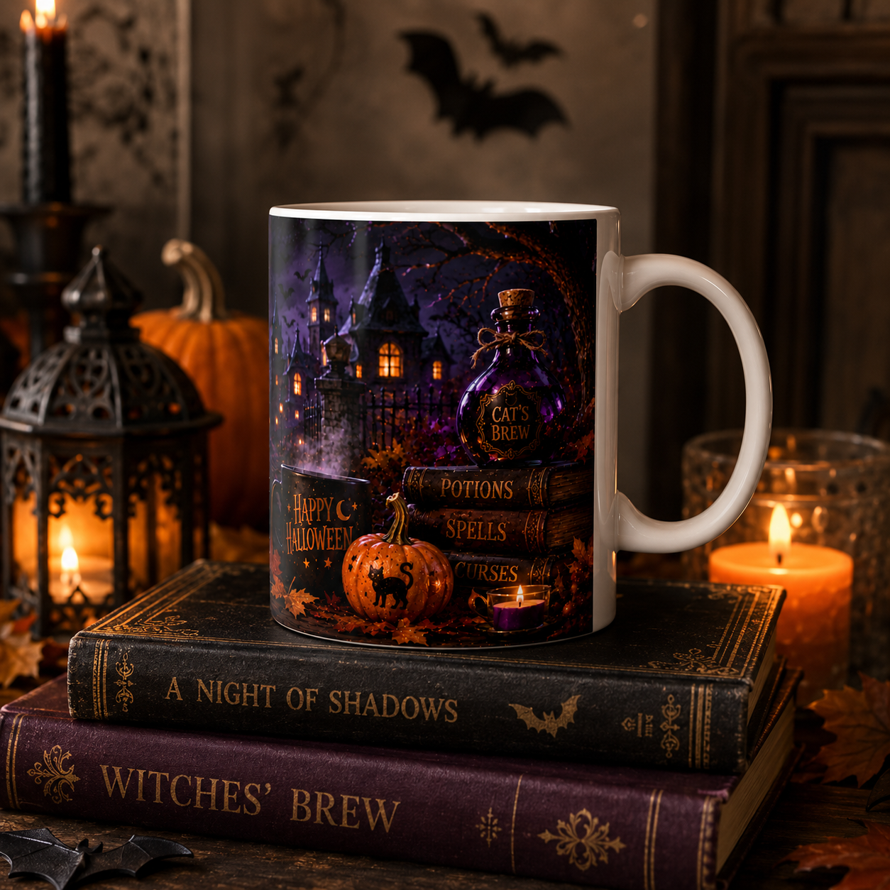 Halloween Black Cat Ceramic Mug (11oz & 15oz) - Witch Hat, Spooky Night Design
