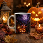 Halloween Black Cat Ceramic Mug (11oz & 15oz) - Witch Hat, Spooky Night Design