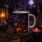Halloween Black Cat Ceramic Mug (11oz & 15oz) - Witch Hat, Spooky Night Design