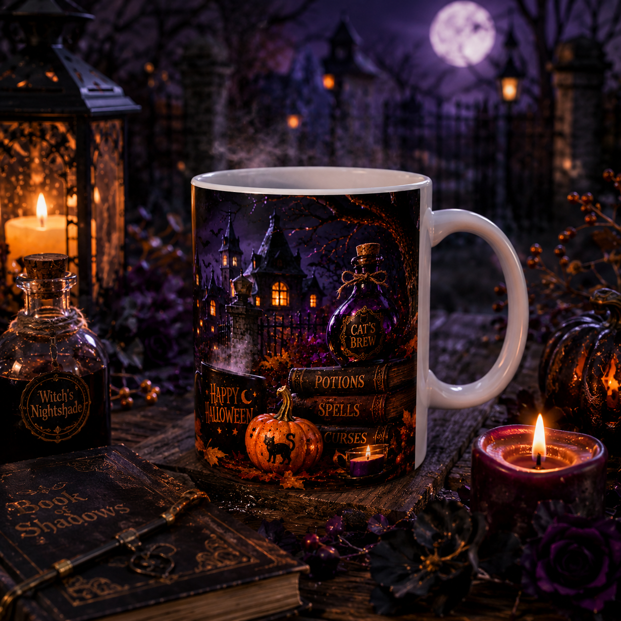 Halloween Black Cat Ceramic Mug (11oz & 15oz) - Witch Hat, Spooky Night Design