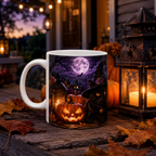 Halloween Black Cat Ceramic Mug (11oz & 15oz) - Witch Hat, Spooky Night Design