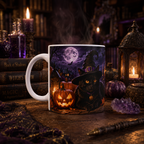 Halloween Black Cat Ceramic Mug (11oz & 15oz) - Witch Hat, Spooky Night Design