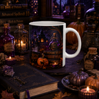 Halloween Black Cat Ceramic Mug (11oz & 15oz) - Witch Hat, Spooky Night Design