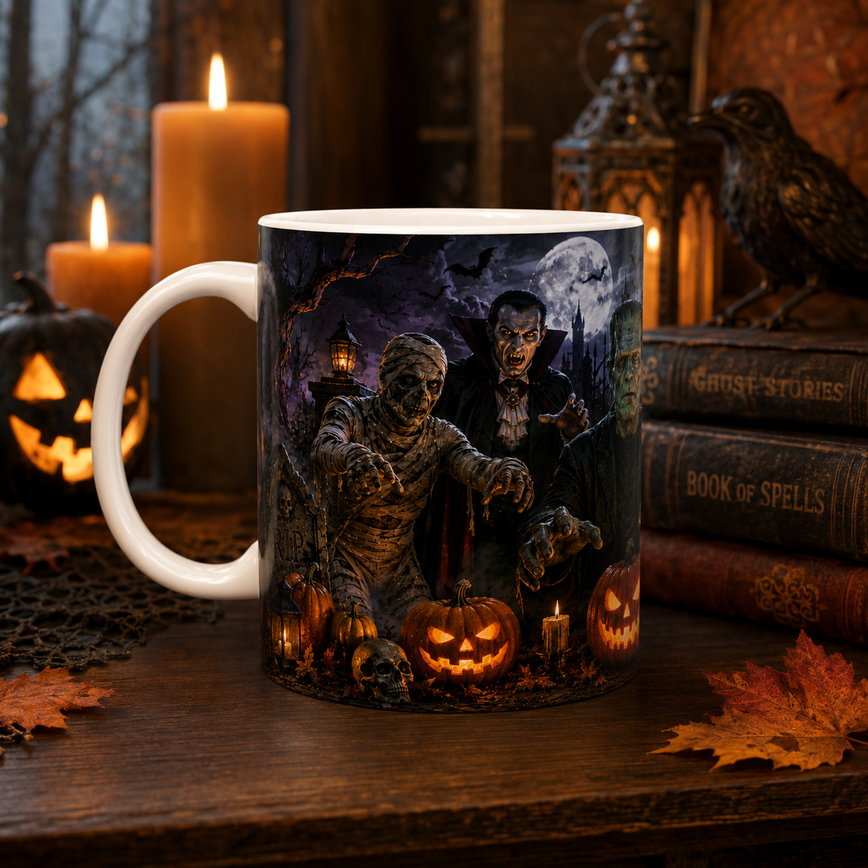 Halloween Monster Mug — Spooky Frankenstein & Jack-O'-Lantern Ceramic Coffee Cup (11oz/15oz)