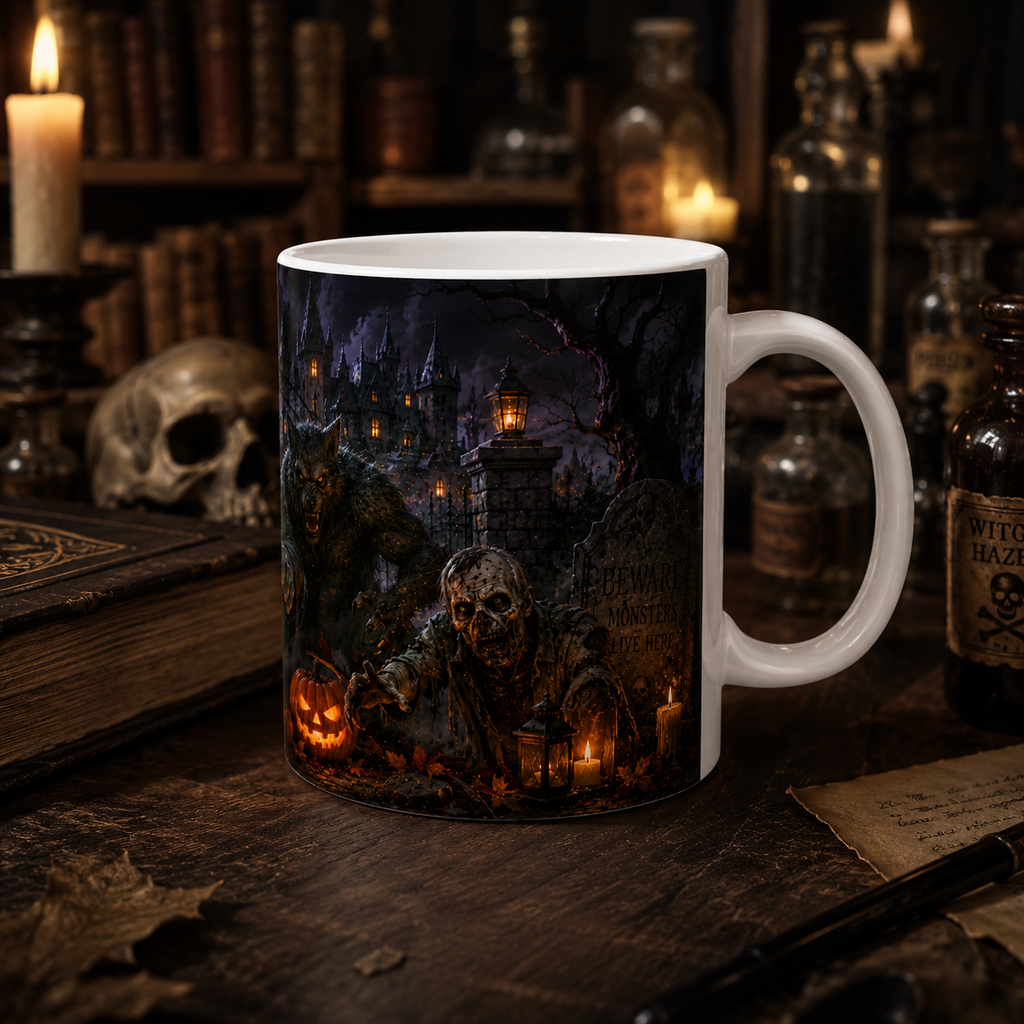 Halloween Monster Mug — Spooky Frankenstein & Jack-O'-Lantern Ceramic Coffee Cup (11oz/15oz)