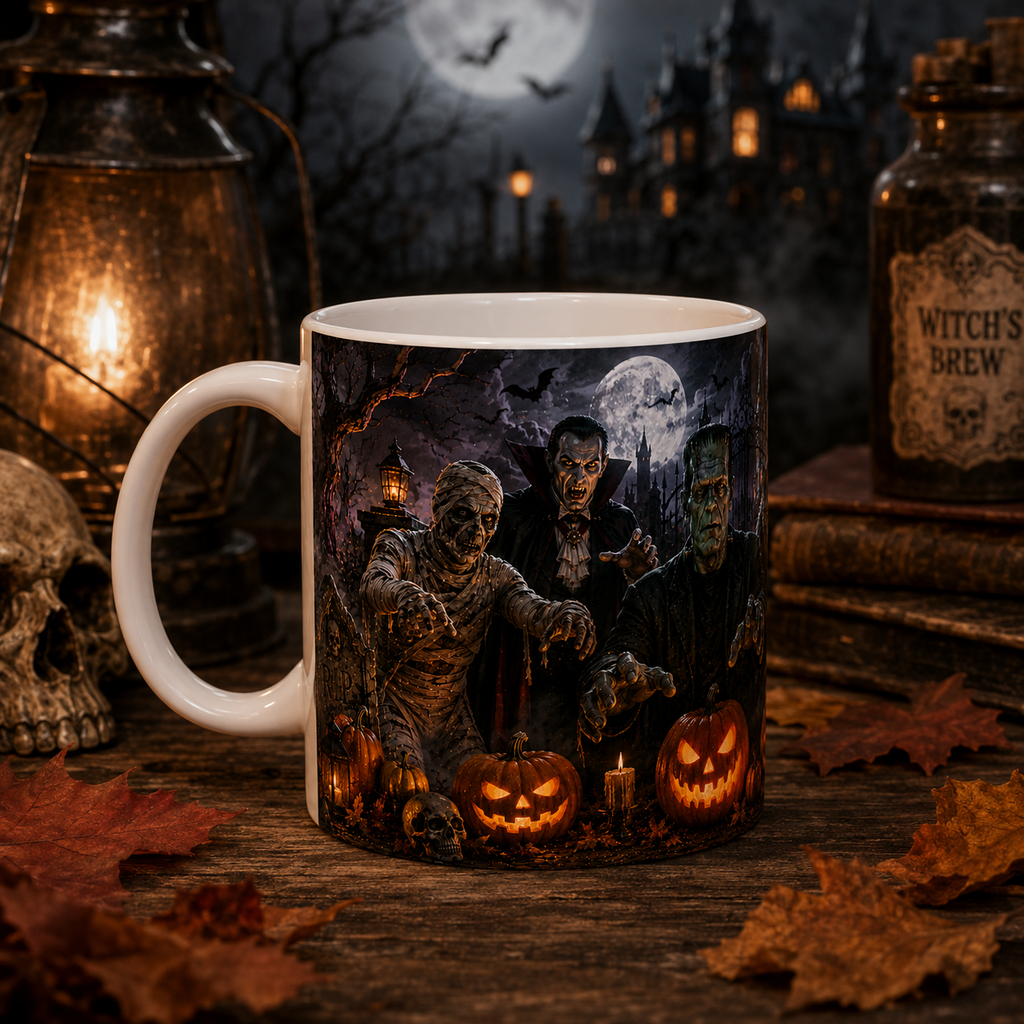 Halloween Monster Mug — Spooky Frankenstein & Jack-O'-Lantern Ceramic Coffee Cup (11oz/15oz)