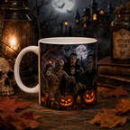 Halloween Monster Mug — Spooky Frankenstein & Jack-O'-Lantern Ceramic Coffee Cup (11oz/15oz)