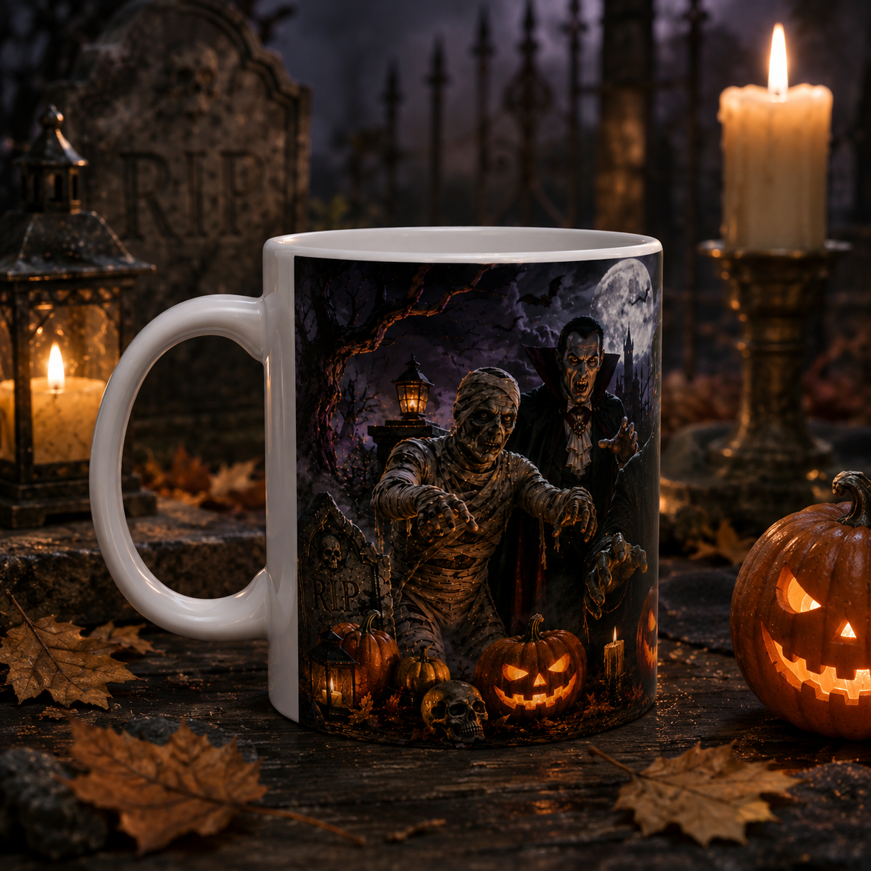 Halloween Monster Mug — Spooky Frankenstein & Jack-O'-Lantern Ceramic Coffee Cup (11oz/15oz)
