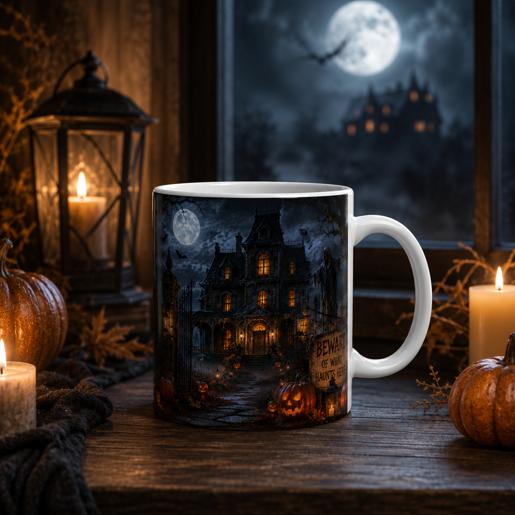 Haunted Mansion Halloween Ceramic Mug — Spooky Night Scene (11oz & 15oz)