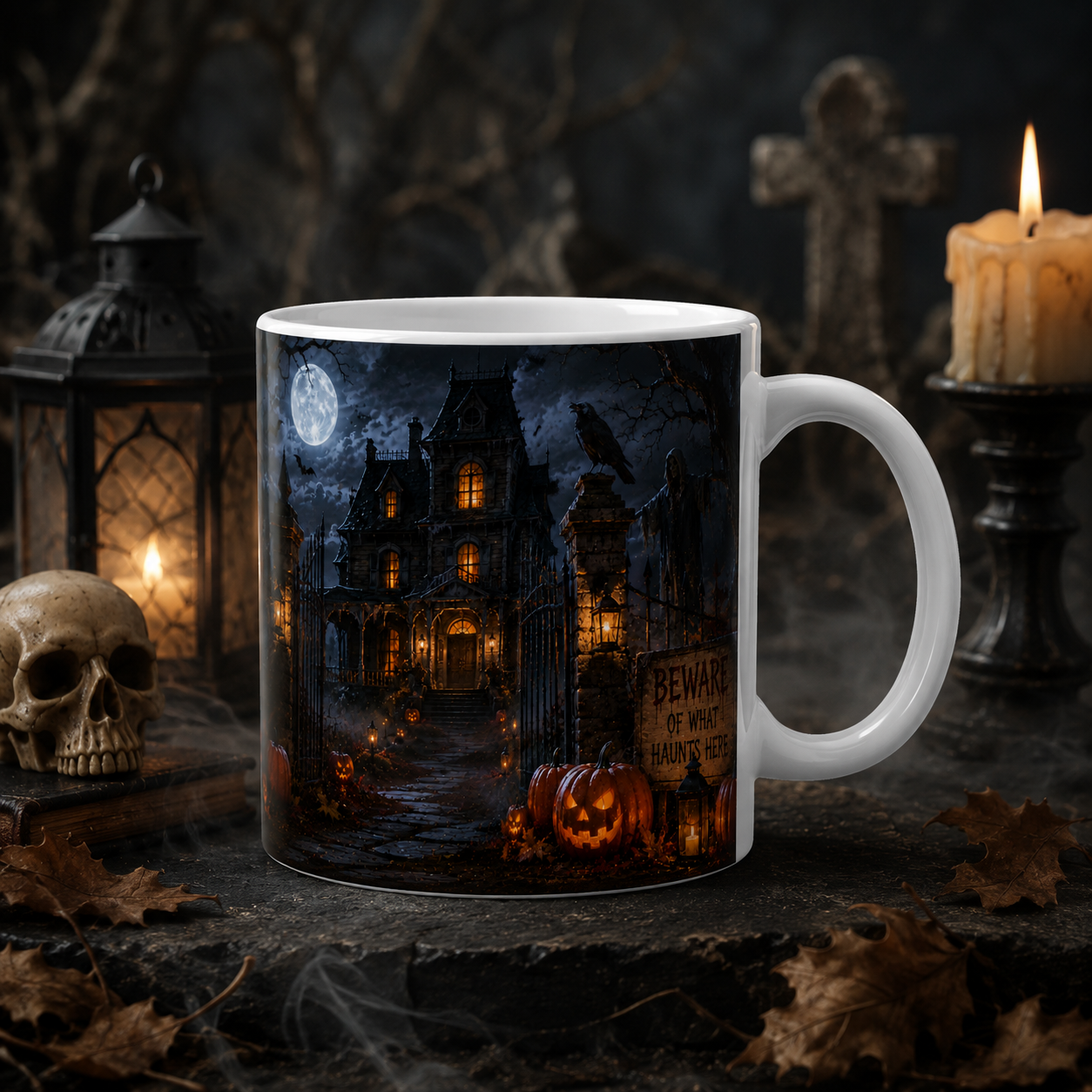 Haunted Mansion Halloween Ceramic Mug — Spooky Night Scene (11oz & 15oz)