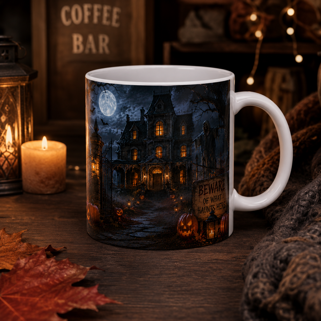 Haunted Mansion Halloween Ceramic Mug — Spooky Night Scene (11oz & 15oz)