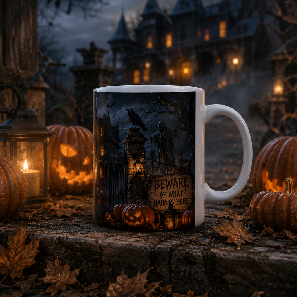 Haunted Mansion Halloween Ceramic Mug — Spooky Night Scene (11oz & 15oz)