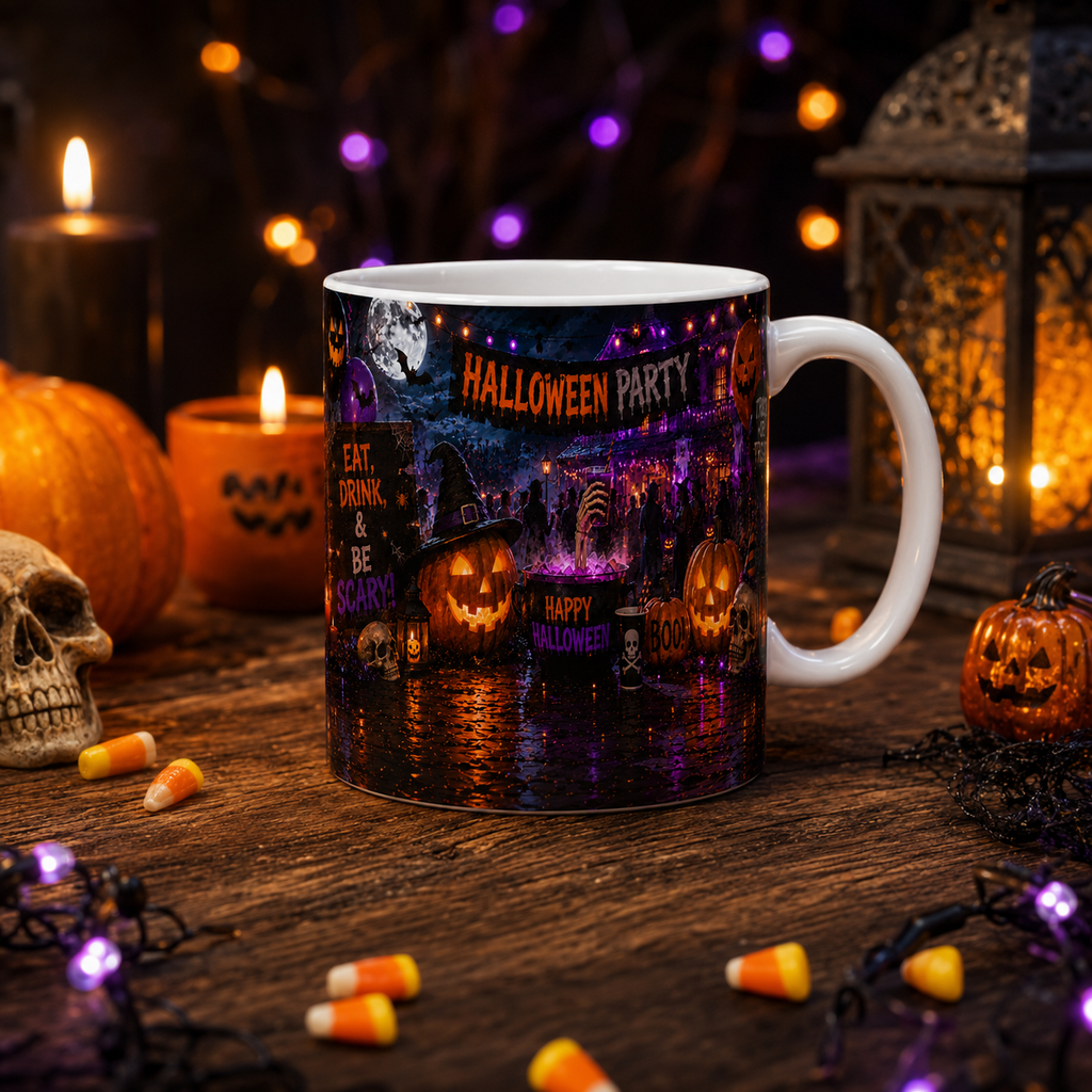 Halloween Party Ceramic Mug — Happy Halloween Jack-o'-Lantern Coffee Cup (11oz & 15oz)
