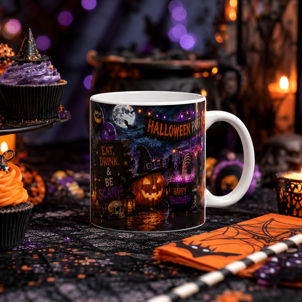Halloween Party Ceramic Mug — Happy Halloween Jack-o'-Lantern Coffee Cup (11oz & 15oz)