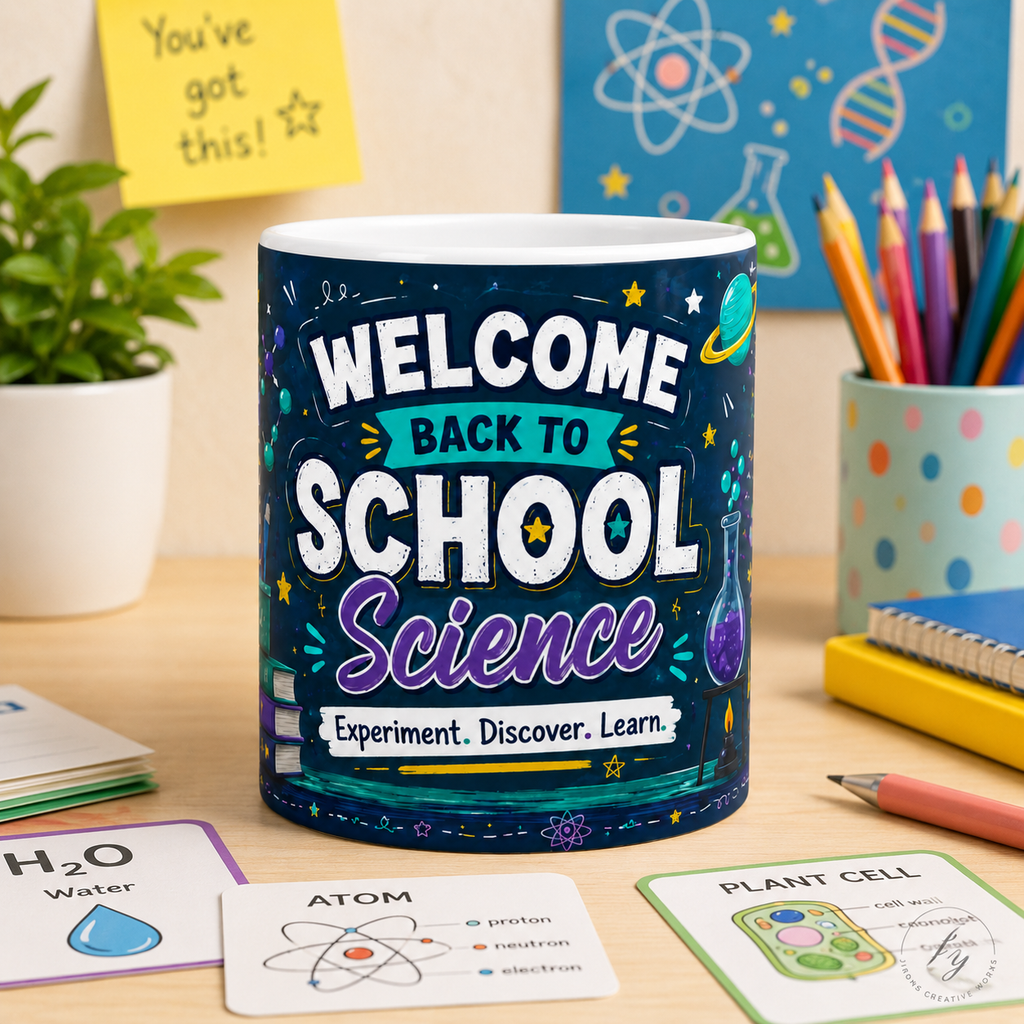 Welcome Back to School Science Student Mug — 'Experiment. Discover. Learn.' Ceramic Coffee Cup (11oz/15oz)