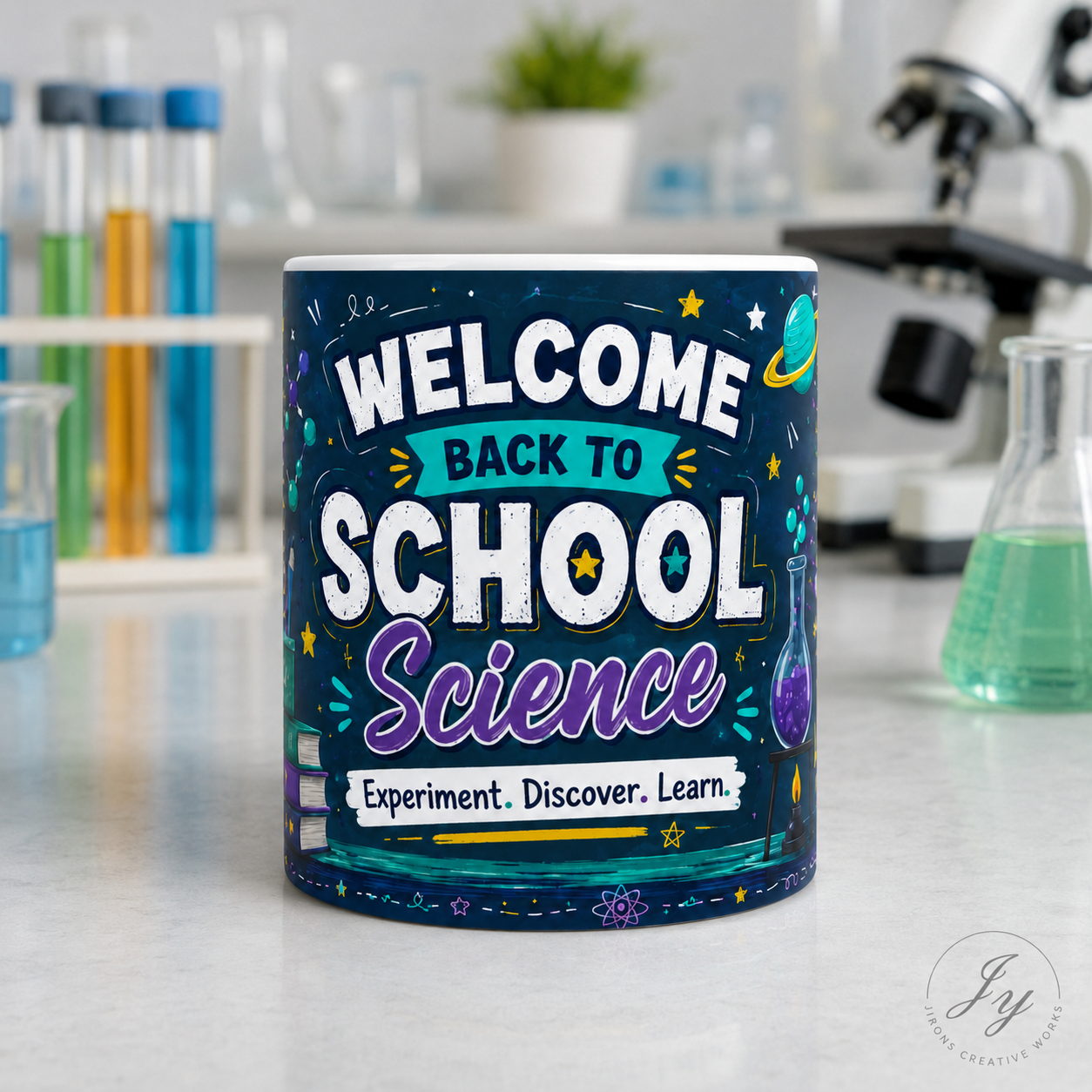 Welcome Back to School Science Student Mug — 'Experiment. Discover. Learn.' Ceramic Coffee Cup (11oz/15oz)