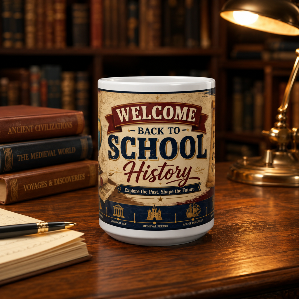 History Student Coffee Mug – “Welcome Back to School: Explore the Past, Shape the Future” Ceramic Mug