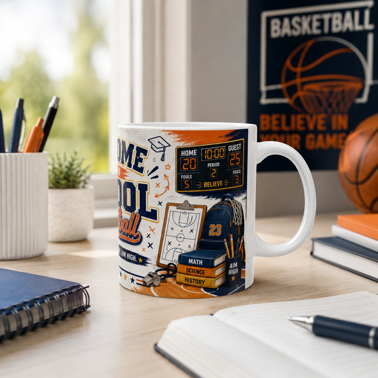 Welcome Back to School Basketball Student Mug — Study Hard, Play Hard 11oz/15oz Ceramic