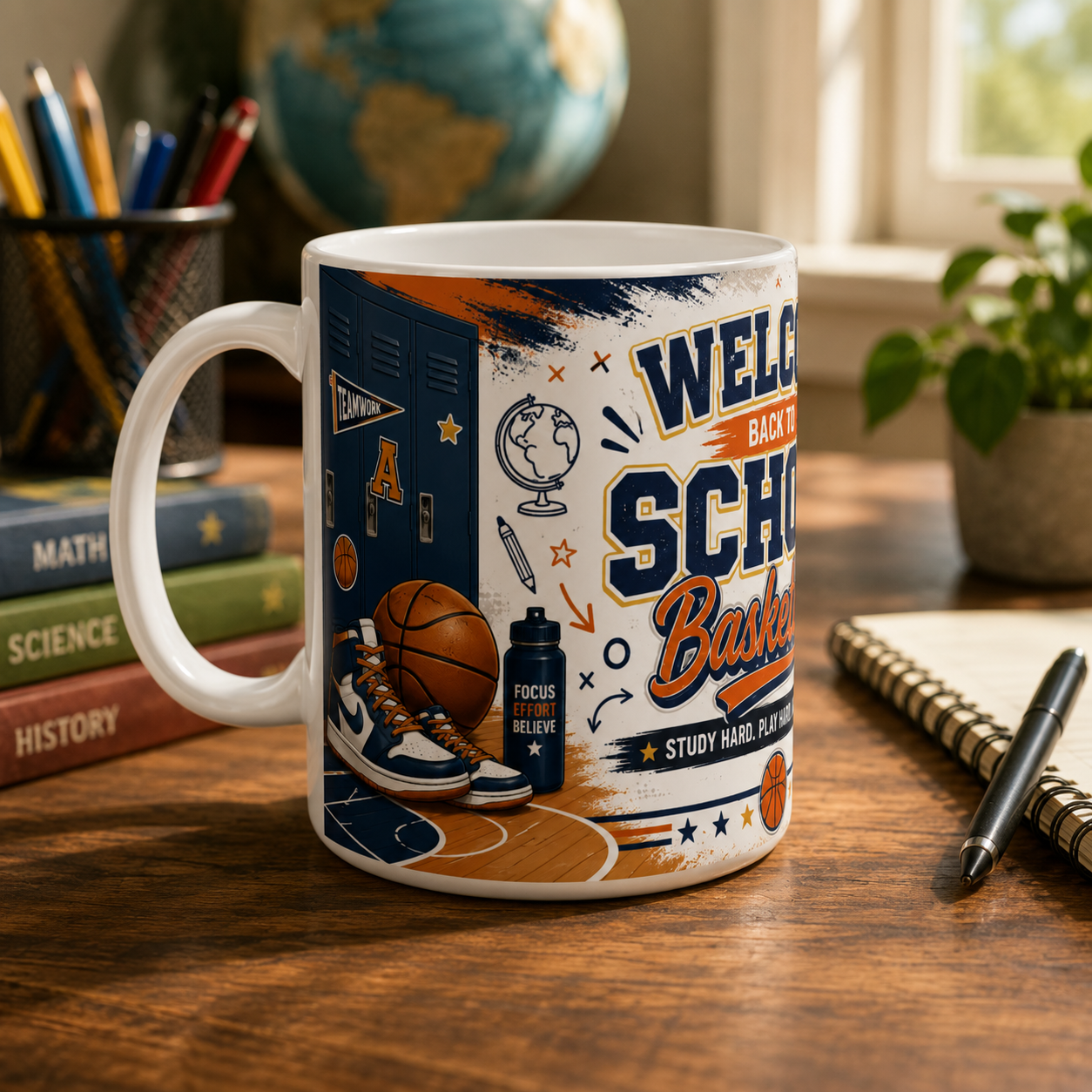 Welcome Back to School Basketball Student Mug — Study Hard, Play Hard 11oz/15oz Ceramic