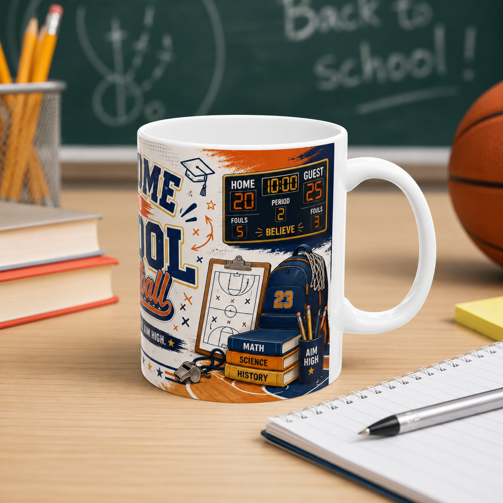 Welcome Back to School Basketball Student Mug — Study Hard, Play Hard 11oz/15oz Ceramic