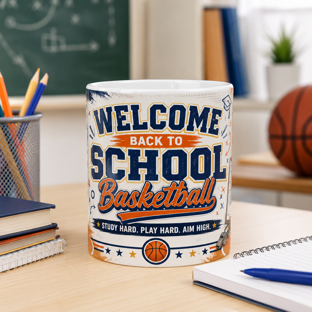 Welcome Back to School Basketball Student Mug — Study Hard, Play Hard 11oz/15oz Ceramic