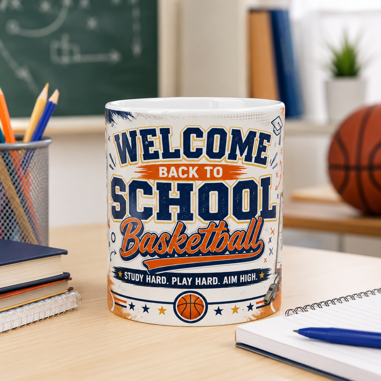 Welcome Back to School Basketball Student Mug — Study Hard, Play Hard 11oz/15oz Ceramic