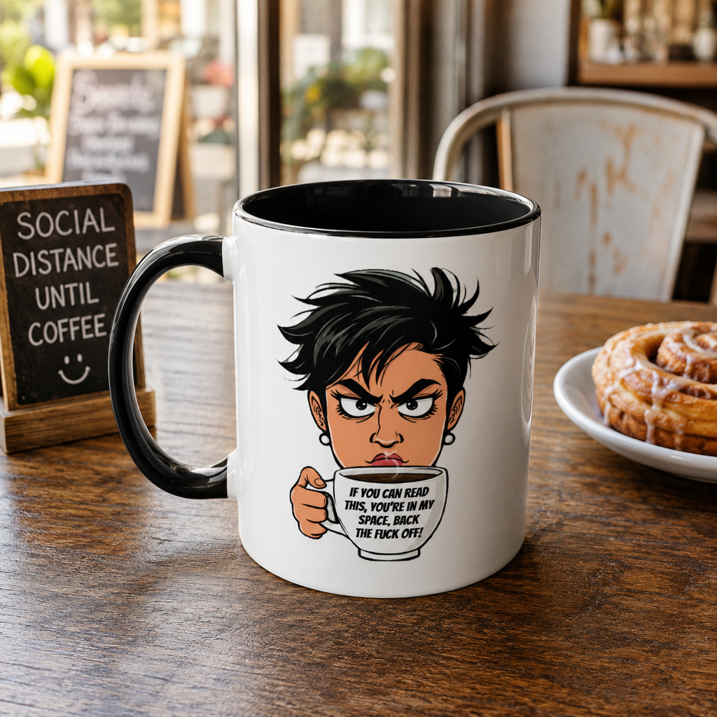 Funny Cartoon Coffee Mug, Cartoon Face Warning, 11 Oz Accent Ceramic