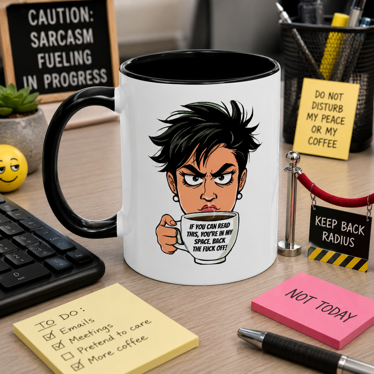Funny Cartoon Coffee Mug, Cartoon Face Warning, 11 Oz Accent Ceramic