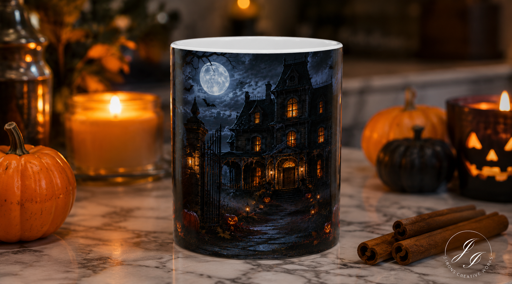 Haunted Mansion Halloween Ceramic Mug — Spooky Night Scene (11oz & 15oz)