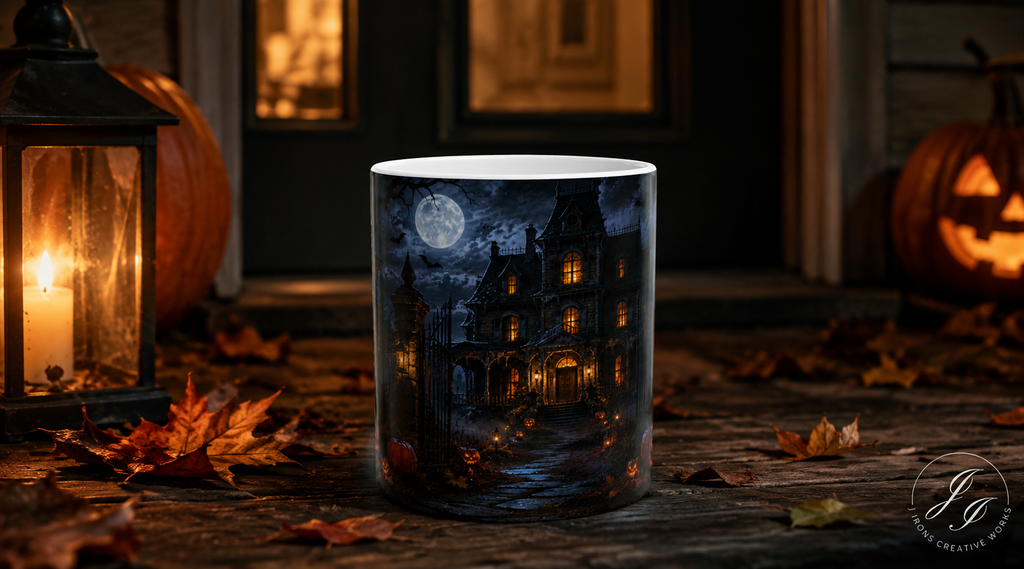 Haunted Mansion Halloween Ceramic Mug — Spooky Night Scene (11oz & 15oz)