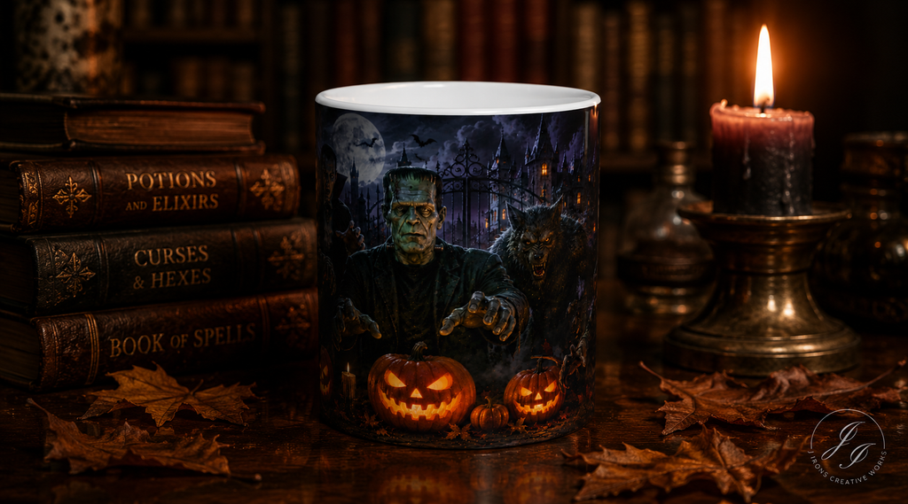 Halloween Monster Mug — Spooky Frankenstein & Jack-O'-Lantern Ceramic Coffee Cup (11oz/15oz)