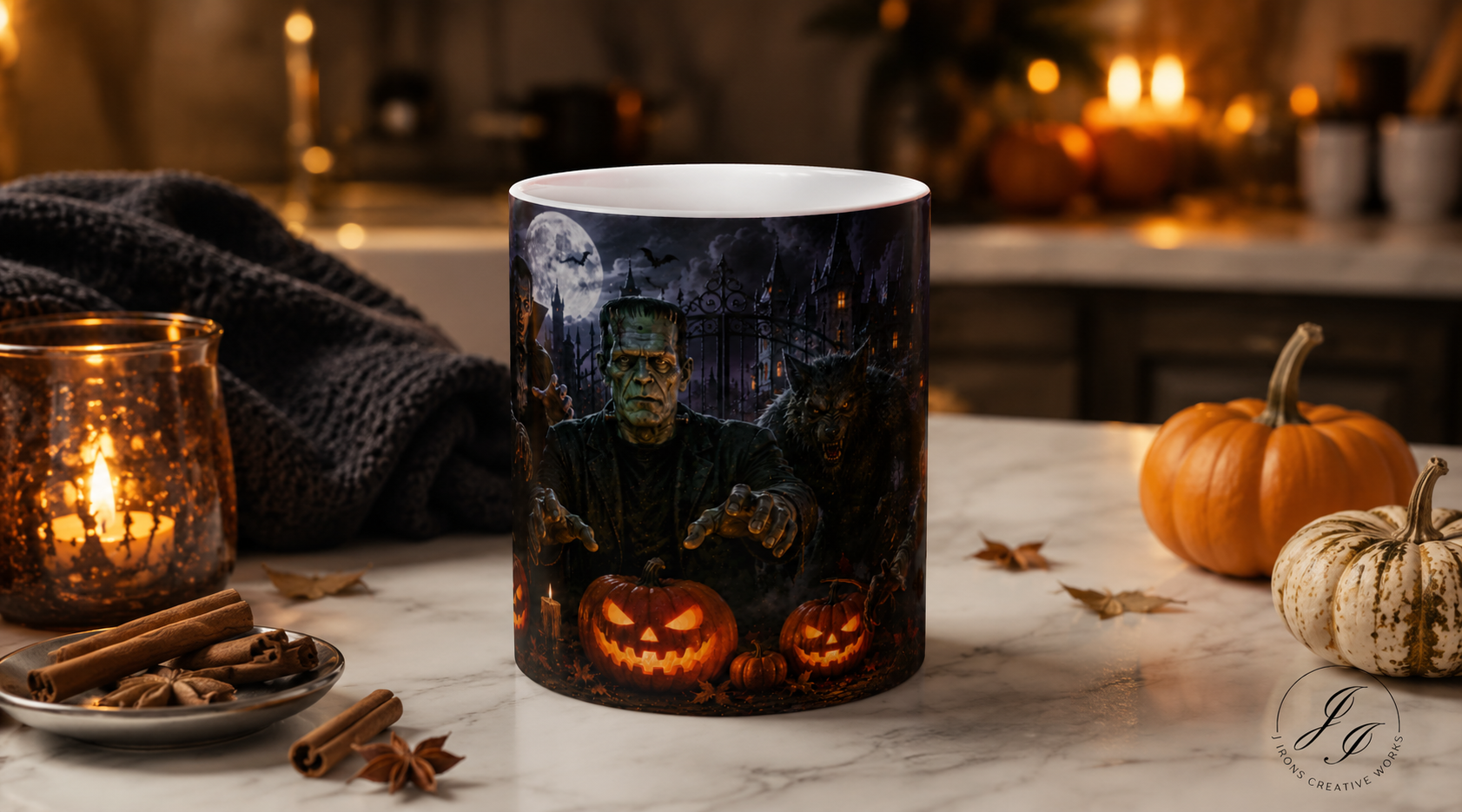 Halloween Monster Mug — Spooky Frankenstein & Jack-O'-Lantern Ceramic Coffee Cup (11oz/15oz)