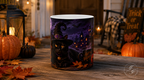 Halloween Black Cat Ceramic Mug (11oz & 15oz) - Witch Hat, Spooky Night Design