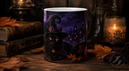 Halloween Black Cat Ceramic Mug (11oz & 15oz) - Witch Hat, Spooky Night Design
