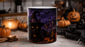 Halloween Black Cat Ceramic Mug (11oz & 15oz) - Witch Hat, Spooky Night Design