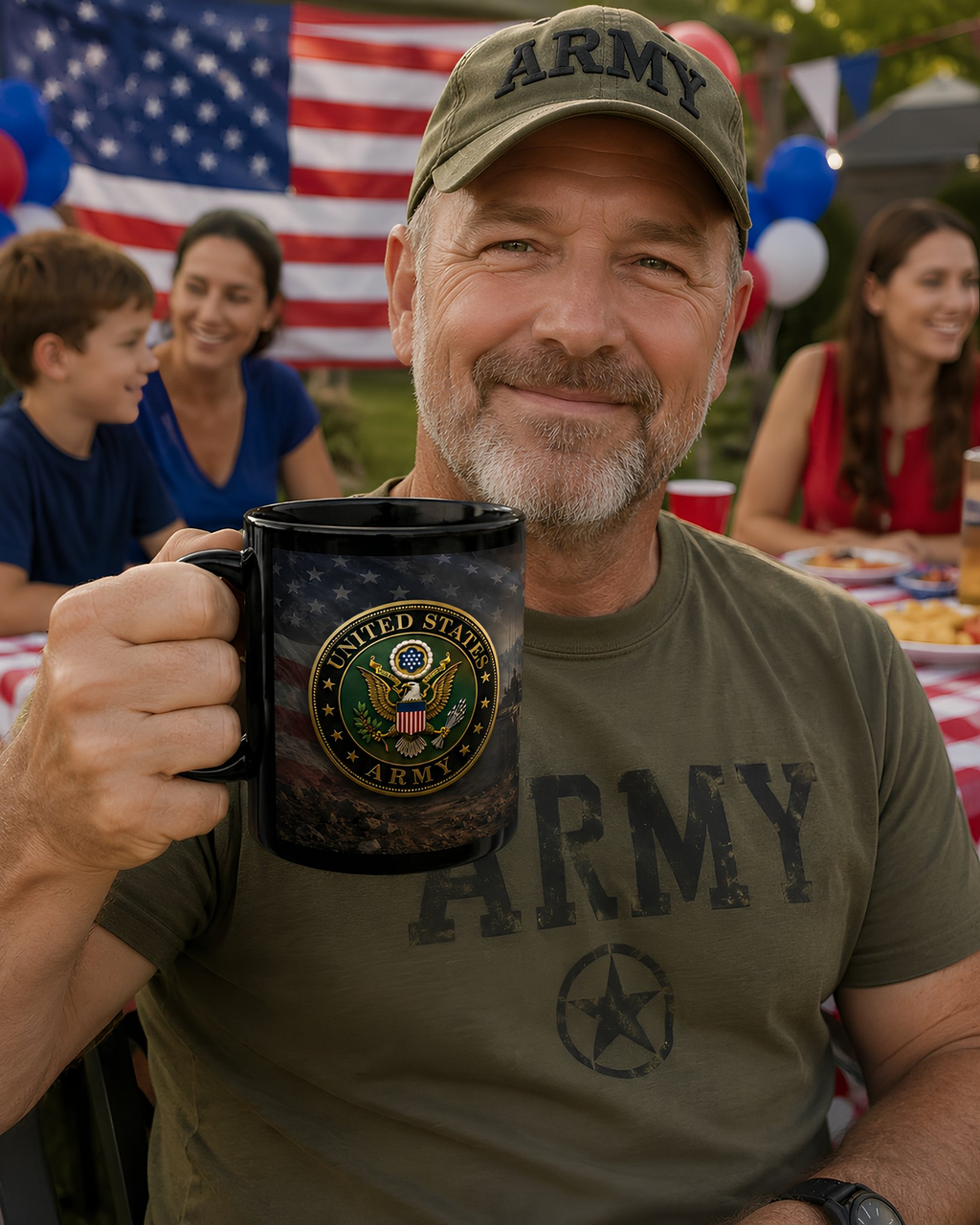 A man wearing a green t-shirt with the word "ARMY" on it is holding a mug with the United States Army logo. In the background, there are other people, including a woman and a child, who appear to be enjoying a gathering or event.