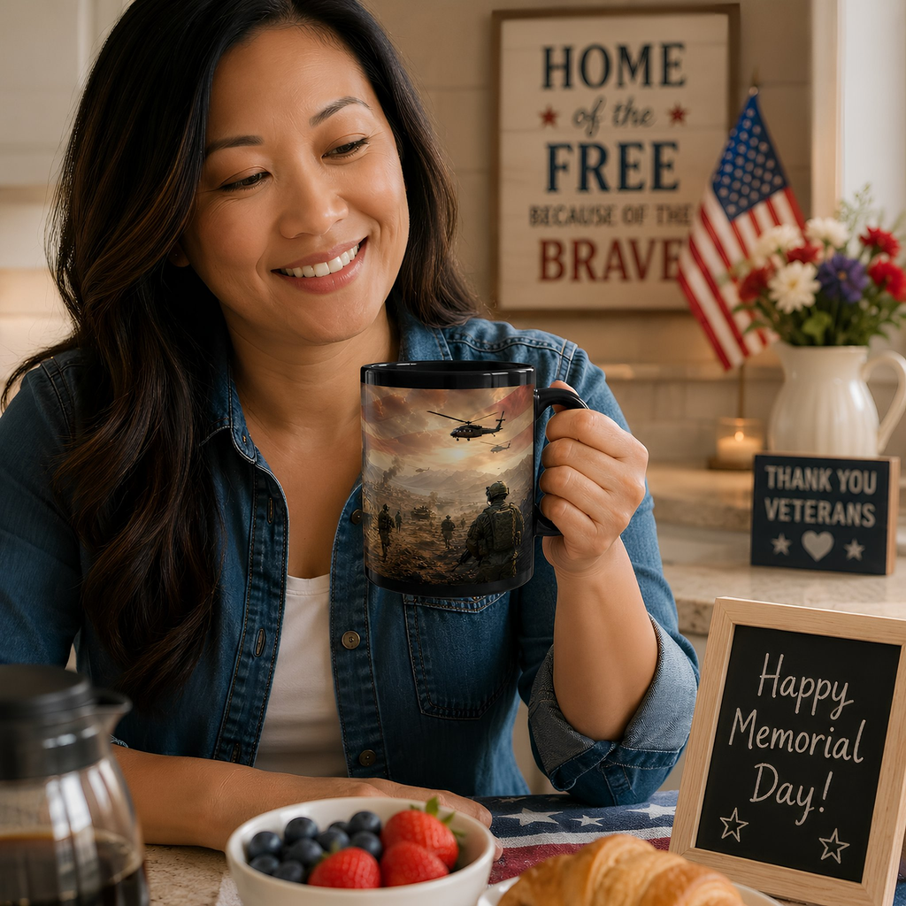 A woman is sitting at a table, holding a mug with an image of soldiers, while enjoying a meal and surrounded by a patriotic display.