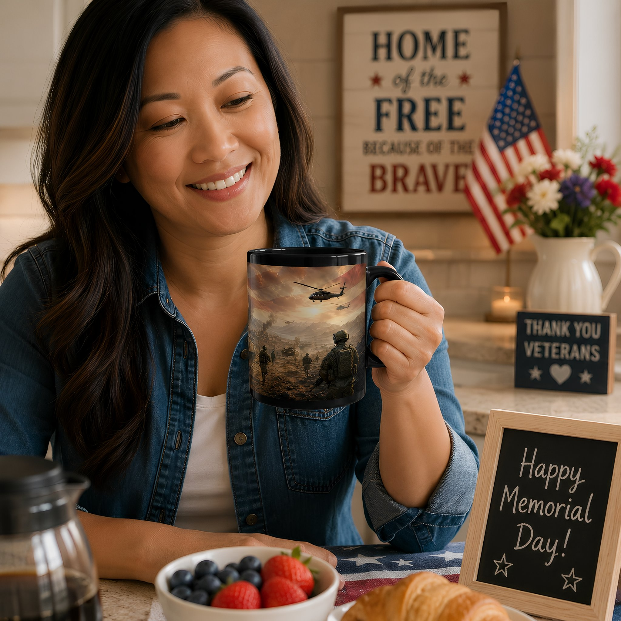 A woman is sitting at a table, holding a mug with an image of soldiers, while enjoying a meal and surrounded by a patriotic display.