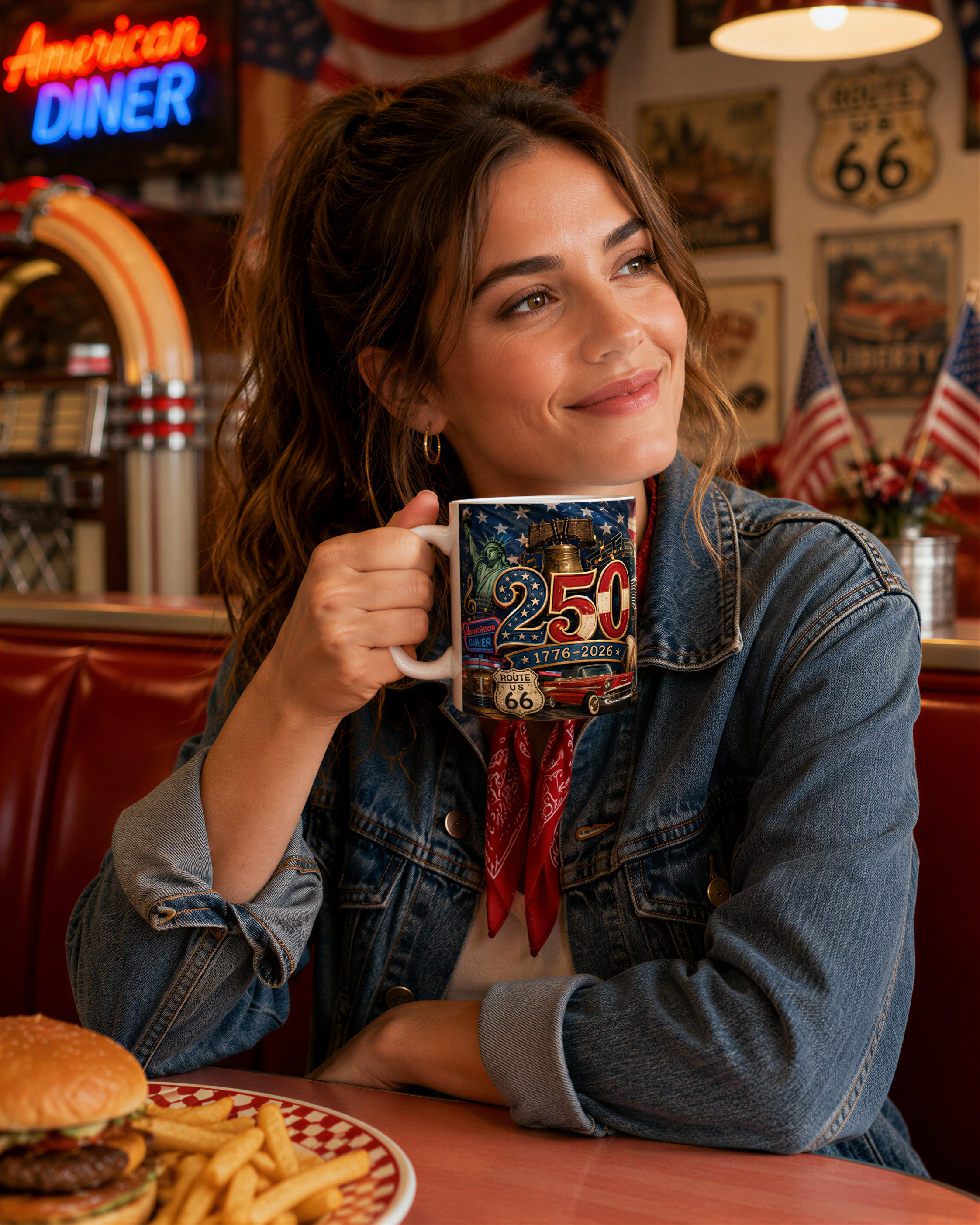 A woman is sitting at a table in a diner, holding a mug with a design that says "250th of June 1966". She is smiling and looking up, with a burger and fries on the table in front of her.