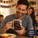 A man is holding a mug with a photo of a family, smiling as he looks at the image. The mug is placed on a table with a plate of food and a card that reads "Happy Father's Day!".