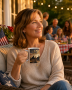 A woman is sitting on a porch, holding a mug with an image of a group of people, while other people are visible in the background.