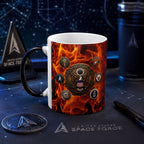 A mug with a design featuring the United States Space Force emblem, surrounded by flames and other military insignia, placed on a desk with a pen and a trophy.